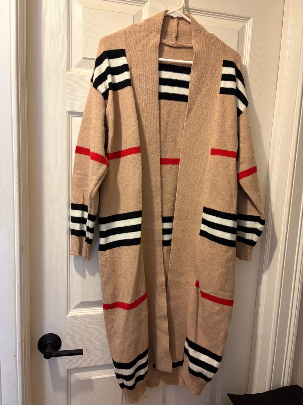 Beige Striped Open-Front Long Cardigan - Women